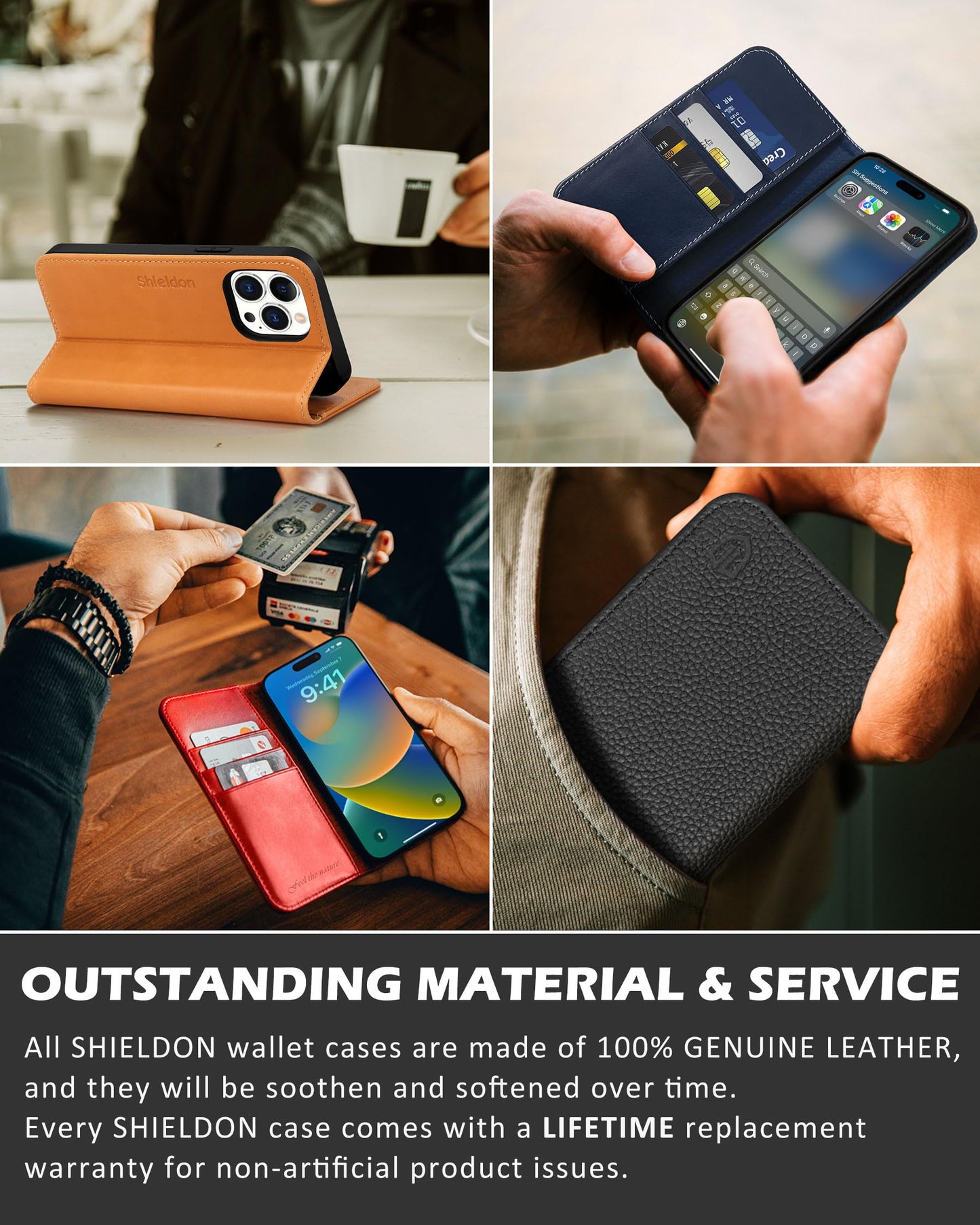 SHIELDON Case for iPhone 13 Pro 5G, Genuine Leather Folio Wallet Magnetic Shock Absorbing Case RFID Blocking Credit Card Holder Kickstand Compatible with iPhone 13 Pro 6.1" - Retro Brown
