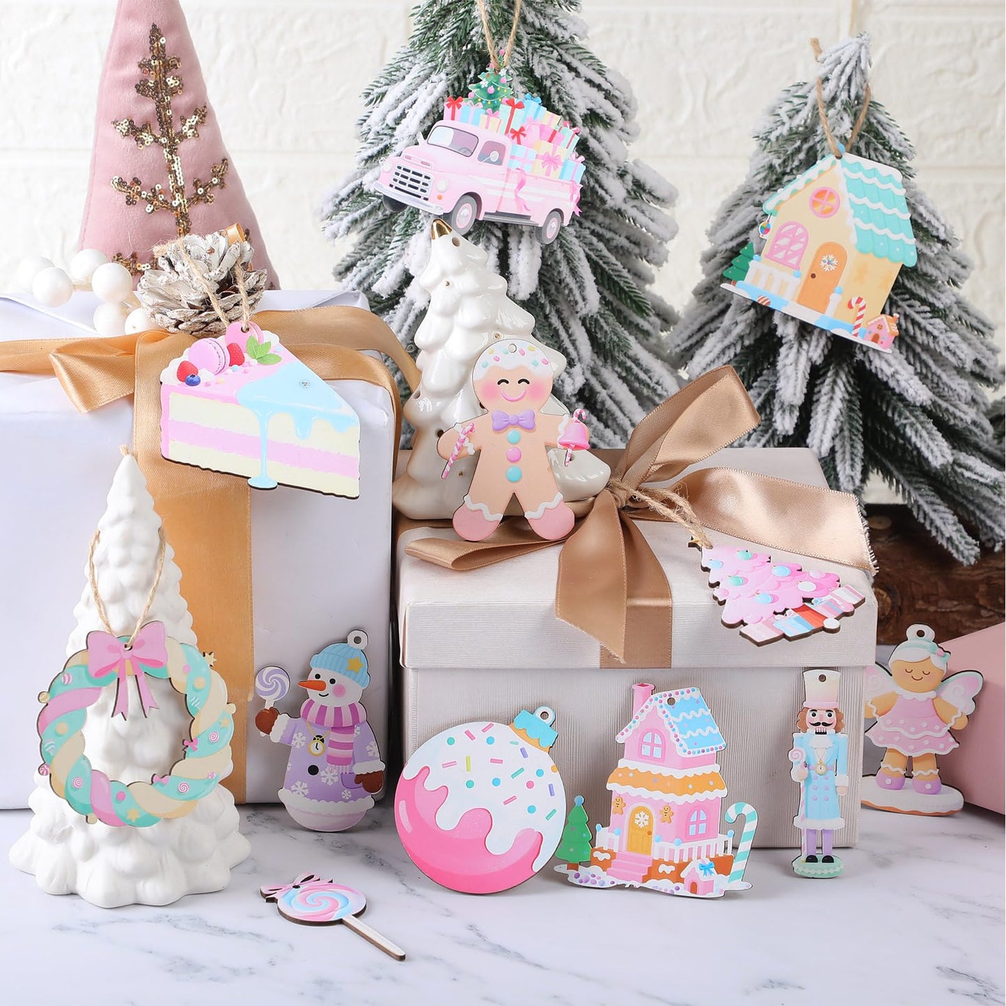 Kathfly 24 Pcs Pastel Christmas Tree Ornaments Candy Christmas Hanging Decor Wooden Gingerbread Man Lollipop Ice Cream Cake Ornament for Xmas Tree Garland Home Holiday Indoor Decor