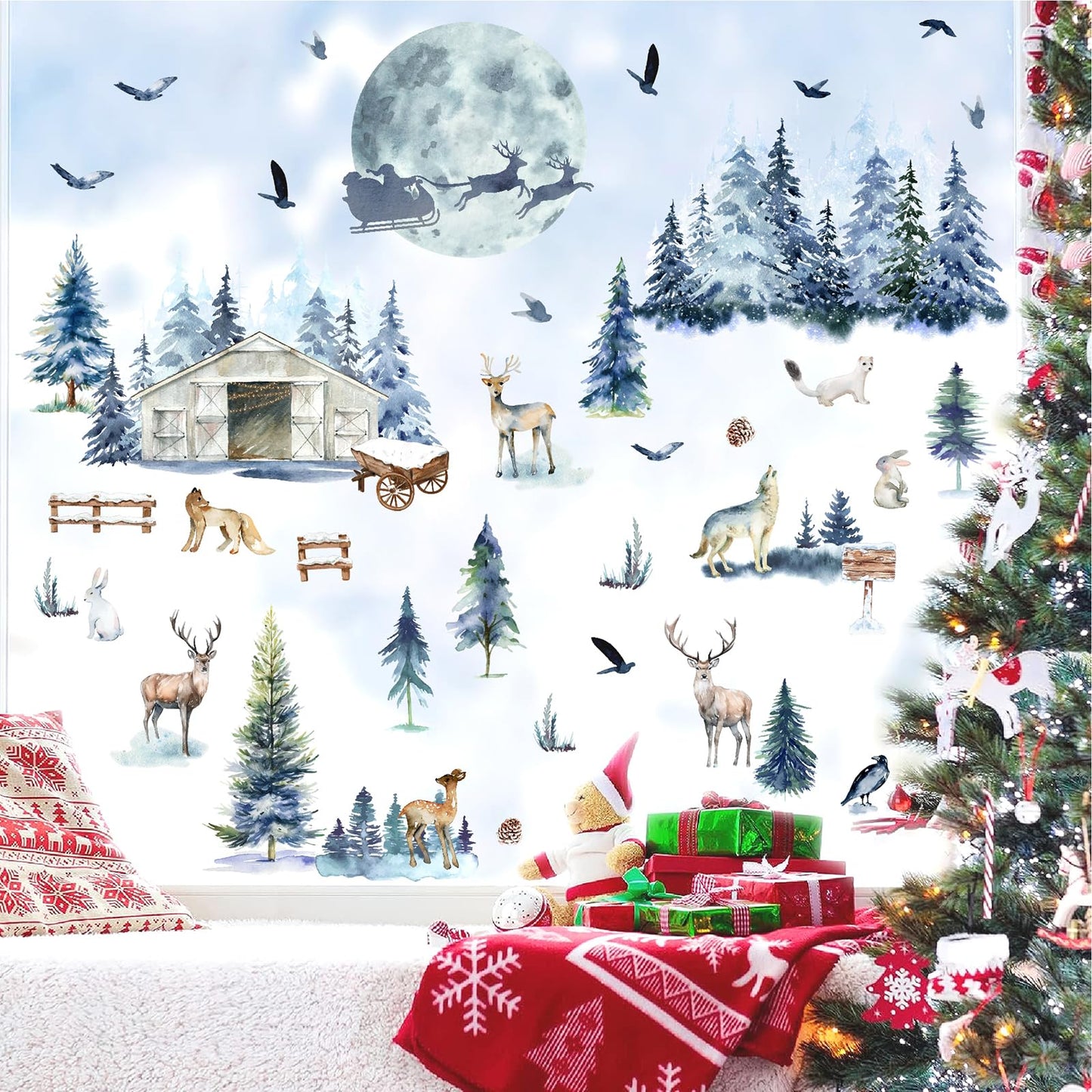 Winter Tree Wall Stickers Forest Animal Wall Decals Removable Woodland Tree Animal Wall Stickers Christmas Winter Pine Wall Decal Xmas Elk Santa Claus Christmas Moon Window Wall Decal