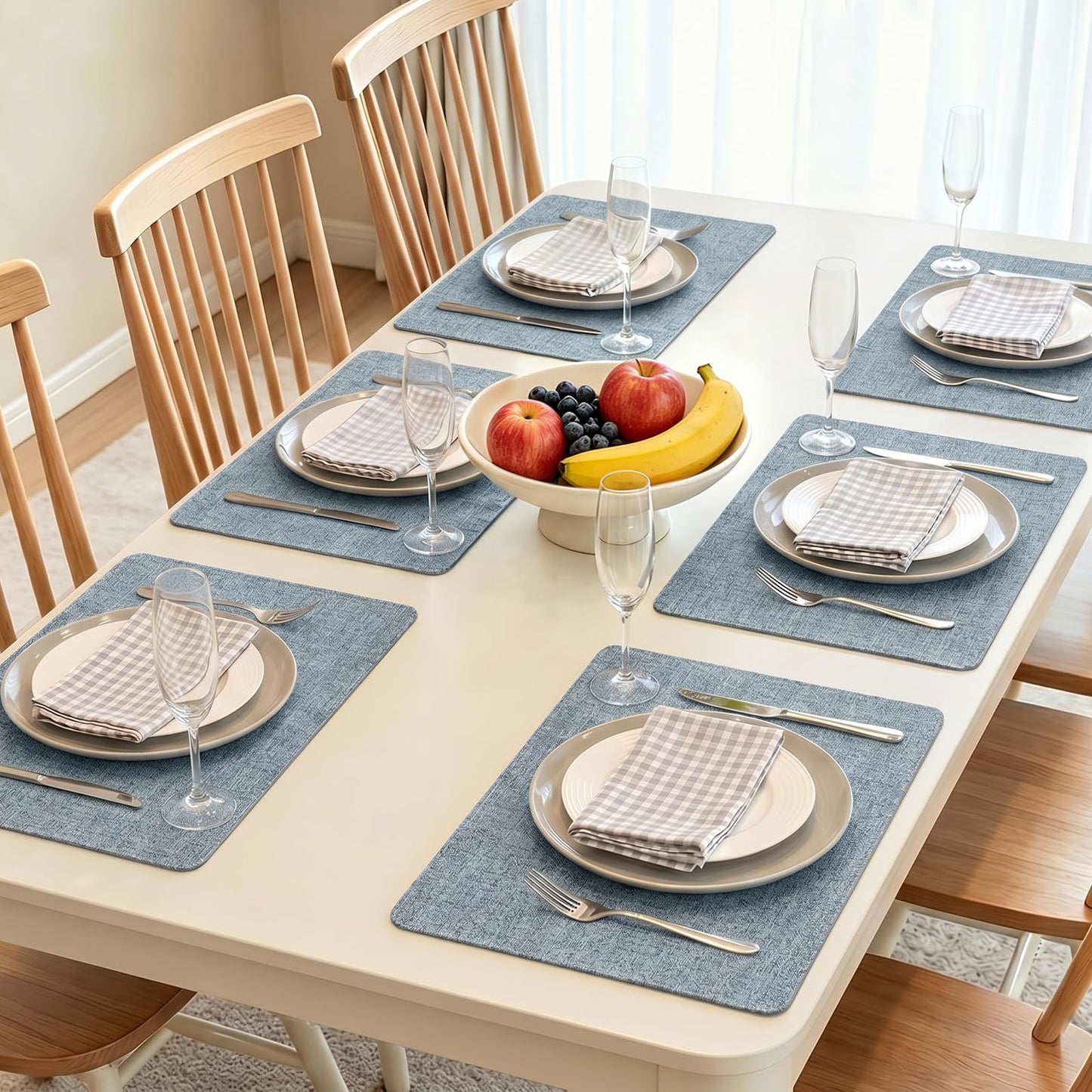 Newise Leather Placemats Set of 6-18x12in, Washable Stainproof Heat Resistant Place Mats for Christmas Patry Restaurant, Blue