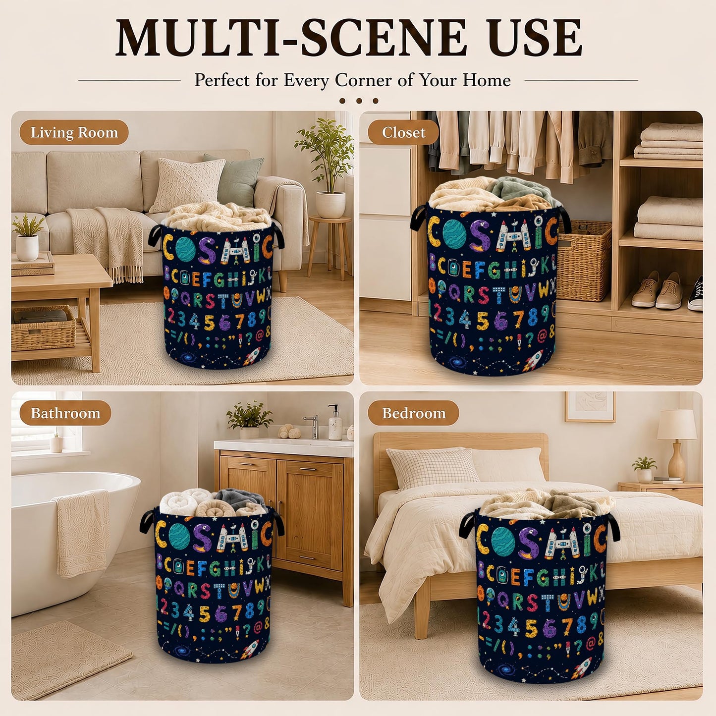 Cosmic Alphabet Space Collapsible Laundry Hamper for Bedroom, Freestanding Oxford Clothes Basket, Large Foldable Storage Bin with Easy-Carry Handles for Bathroom Dorm Laundry Room