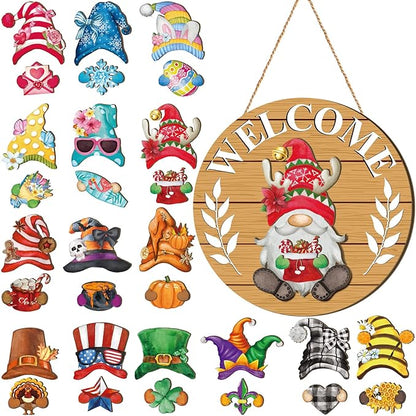 Qunclay Interchangeable Wooden Gnome Decor Holiday Seasonal Gnome Decorations with Magnet Pieces and Detachable Hats Changeable Welcome Sign for Home(Fresh Style)