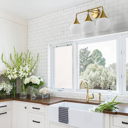 Bathroom Vanity Light Fixtures: 3-Light Mid Century Modern Bathroom Lighting Fixtures Over Mirror - Brass Gold Wall Sconce with Milky White Globe Glass for Bath Living Room