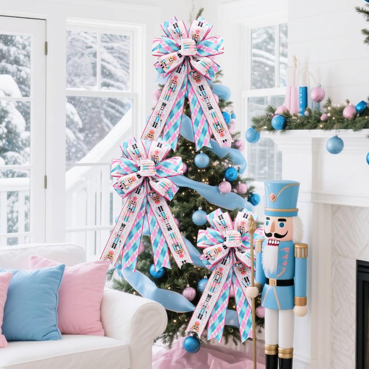 CRAFLOX Pastel Christmas Nutcracker Wired Ribbon for Wreath Bows, 3 Rolls, 2.5″ Wide, 15 Yards Total, Pastel Pink & Blue Check Wired Edge Ribbon for Crafts Supplies, DIY Bows