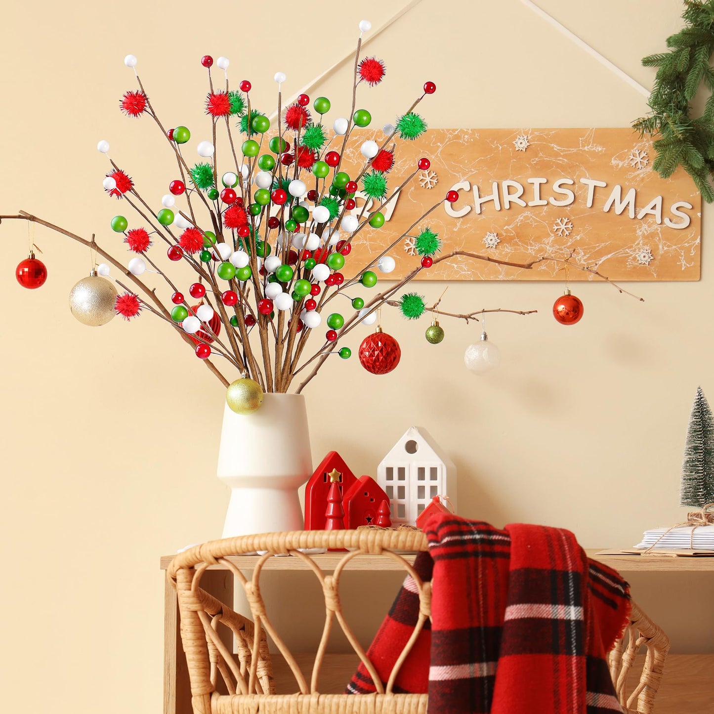 Sggvecsy 6Pcs Artificial Berry Stems 16inch Christmas Tree Picks Red Green White Berry Picks Fake Christmas Berry Branches for Floral Arrangements Christmas Tree Holiday Home Xmas DIY Crafts Decor