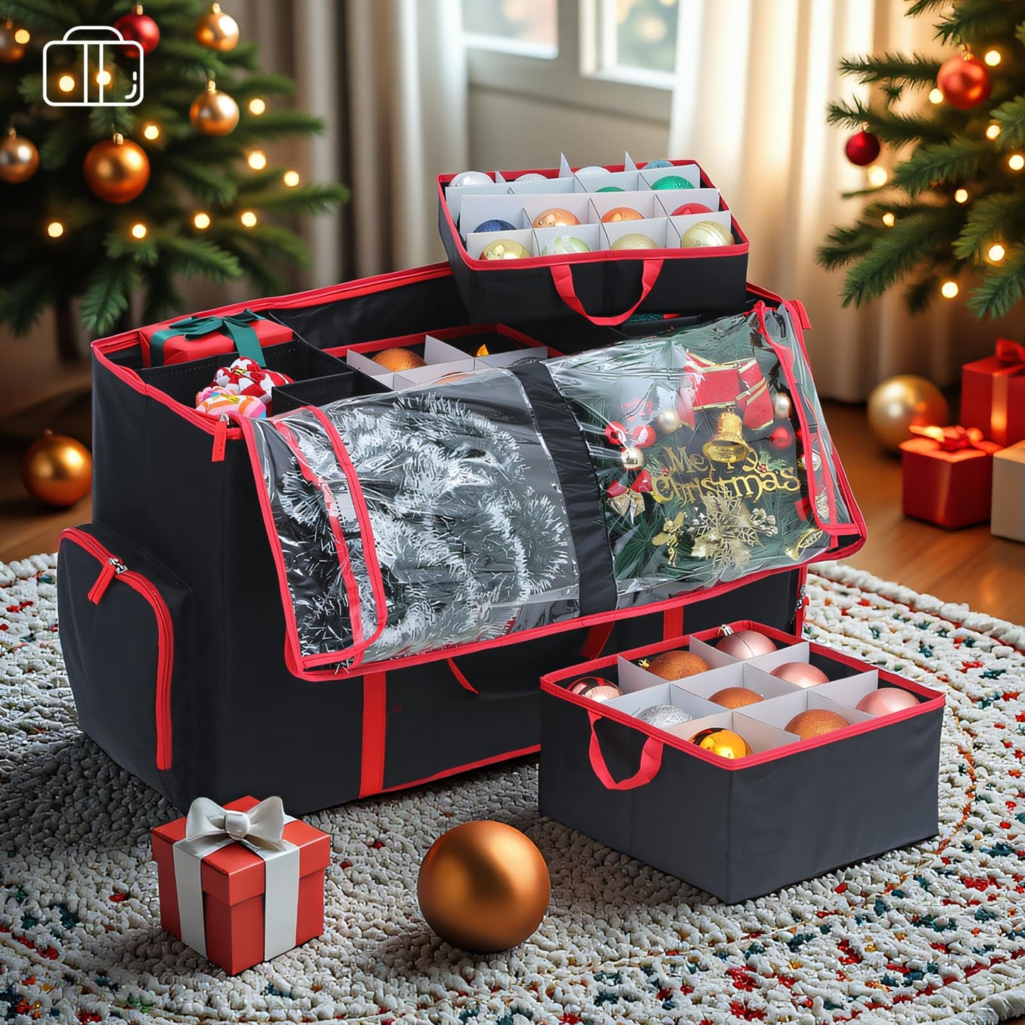 BIEBOS Large 2-in-1 Christmas Ornament Storage Box - High Capacity Storage, Easy Organization Protect Your Holiday Decorations (Black)