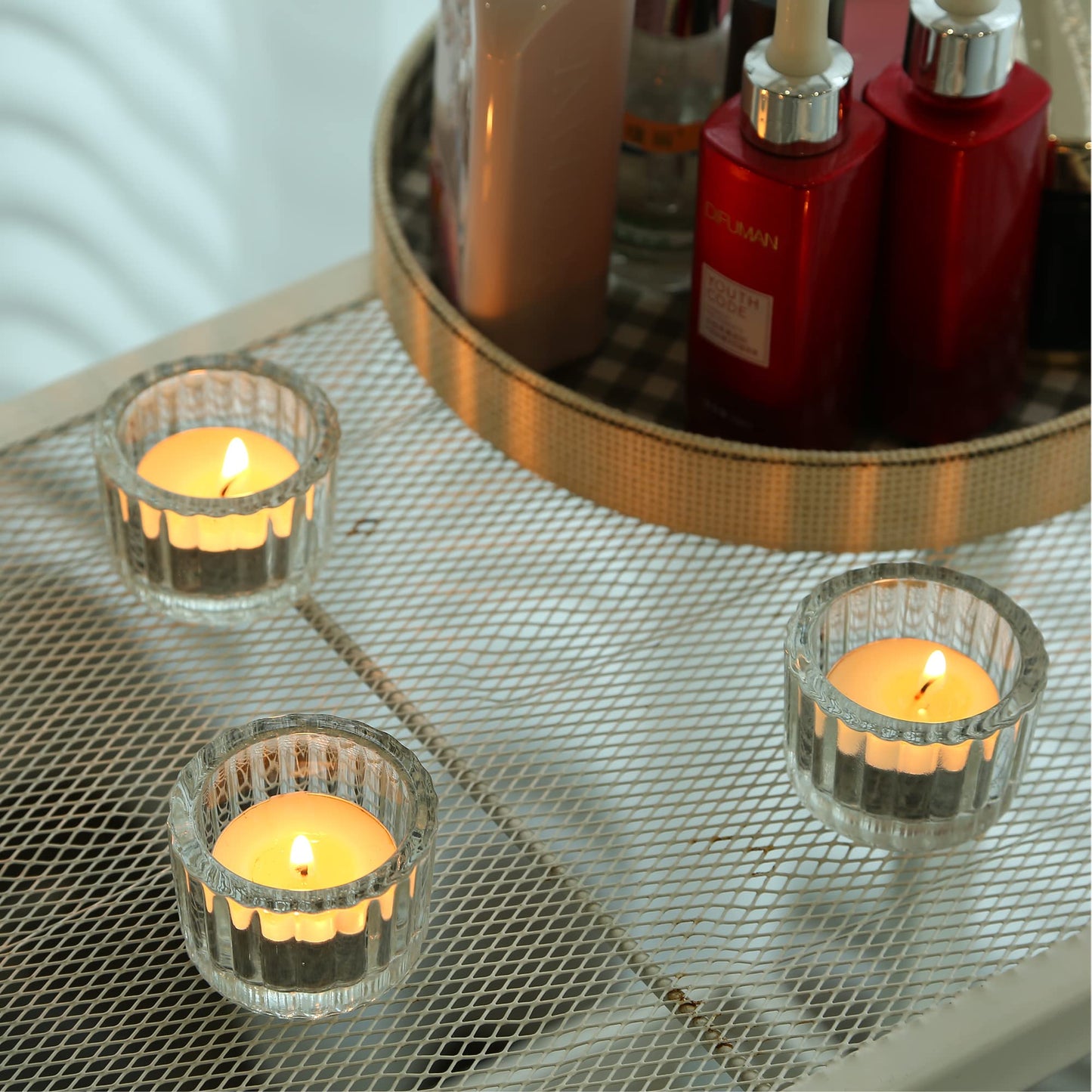 GOLDEAL Round Tealight Candle Holders,Set of 24 Clear Thick Glass Tea Light Candle Holder Decor,Candlestick for Wedding Decor,Party,Baby Shower Party,Bridal Shower Party,Table Centerpiece, Home Décor