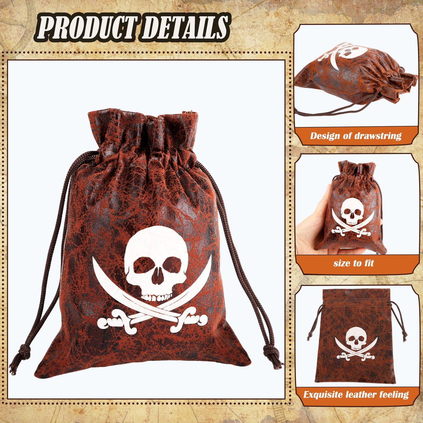 Plukeen 32 Pcs Pirate Goodie Bags Bulk 4.7 × 6.2 Inches Drawstring Faux Cow Skin Pirate Loot Storage Pouch Bags Coconut Brown Small Coin Wallet for Pirate Adventure Party Favors