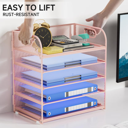 Kinkota 5 Tier Paper Organizer for Desk, File Organizer with Handle, Mesh Letter Tray, Paper Sorter Desk Organizer for Office Home Supplies - Pink