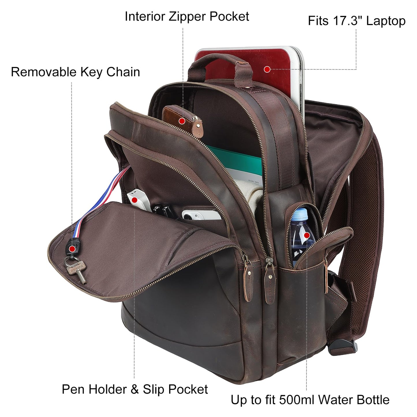 TIDING Full Grain Leather 17.3 Inch Laptop Backpack for Men Large Capacity Travel Weekender Camping Daypack Rucksack