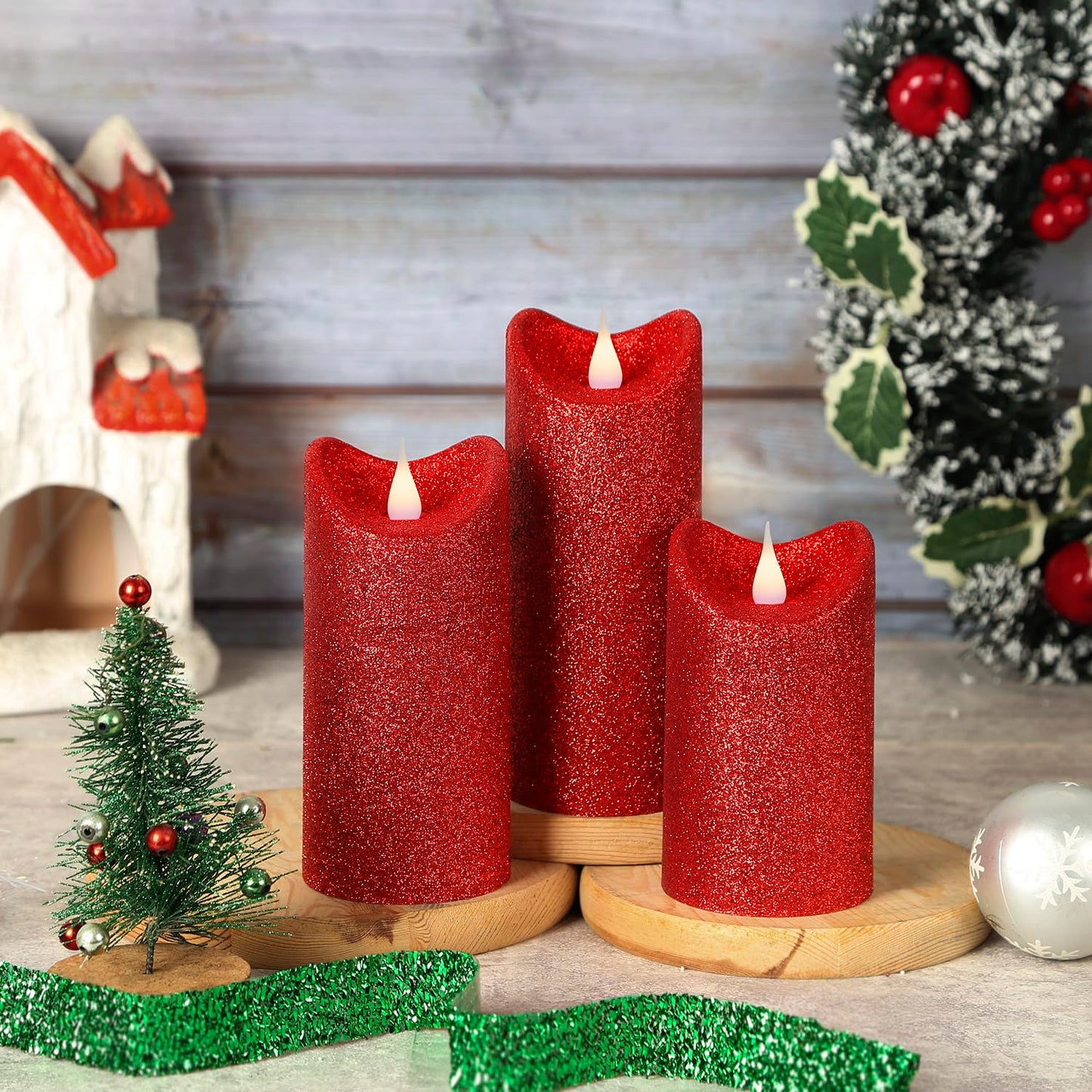 GiveU Pack of 3 Red Glitter Candle 3D Moving Flame LED Candles,10-Key Remote, Battery Powered Flameless Candle with Timer, Home Decor Bedroom, Hallway, Wedding Events