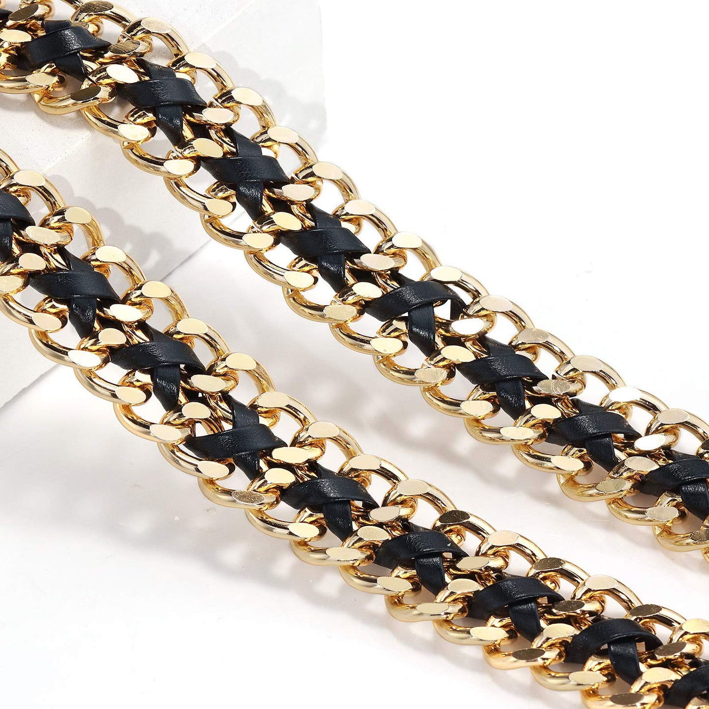 Glamorstar Gold Metal Punk Belts Leather Chain Waist Belt for Women Dresses Gold Black 105CM/41.3IN