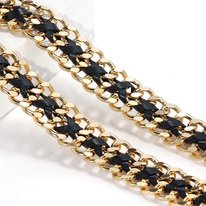 Glamorstar Gold Metal Punk Belts Leather Chain Waist Belt for Women Dresses Gold Black 105CM/41.3IN