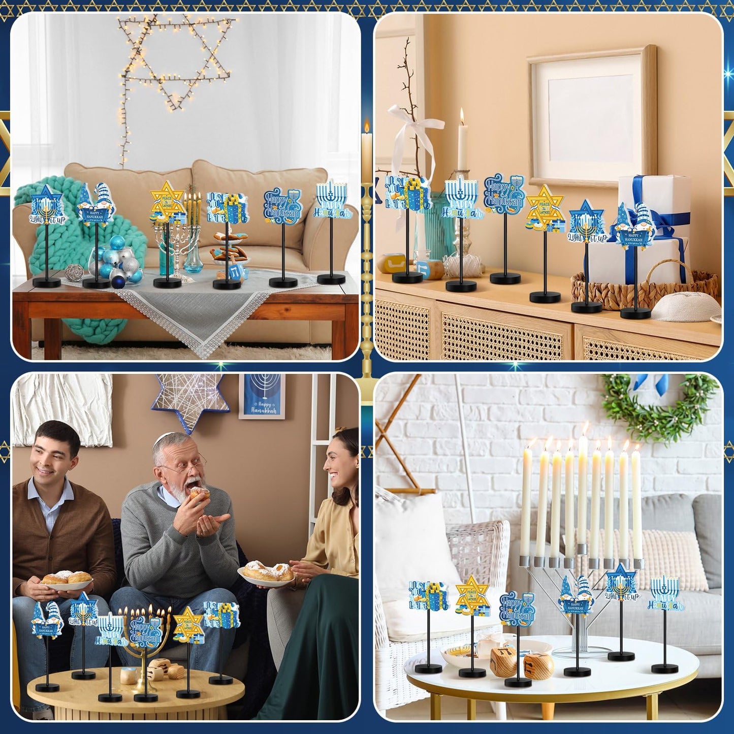 Shellwei 6 Pcs Hanukkah Table Decorations Decor Happy Hanukkah Wood Table Sign Chanukkah Party Decor for Home Indoor Centerpiece Menorah Dreidel Star of David (Fresh Style)