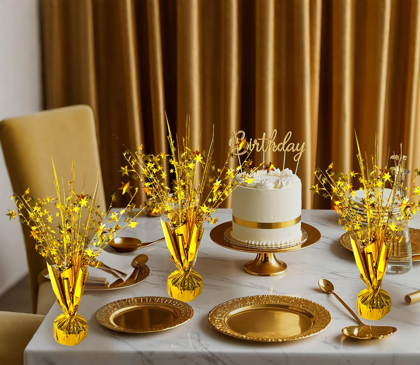 FUBININA 12 Pack Metallic Foil Spray Centerpiece Star Table Decoration Burst Table Centerpieces for Birthday New Years Nye Wedding Anniversary Graduation Holiday Party Supplies Decor, Gold