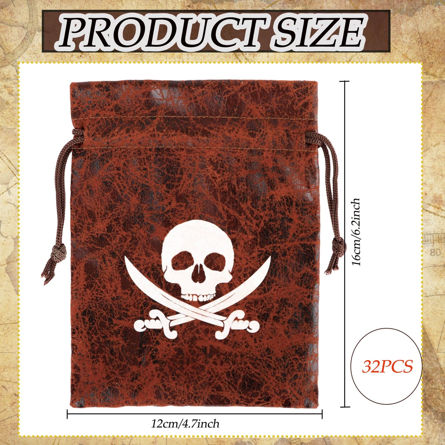 Plukeen 32 Pcs Pirate Goodie Bags Bulk 4.7 × 6.2 Inches Drawstring Faux Cow Skin Pirate Loot Storage Pouch Bags Coconut Brown Small Coin Wallet for Pirate Adventure Party Favors