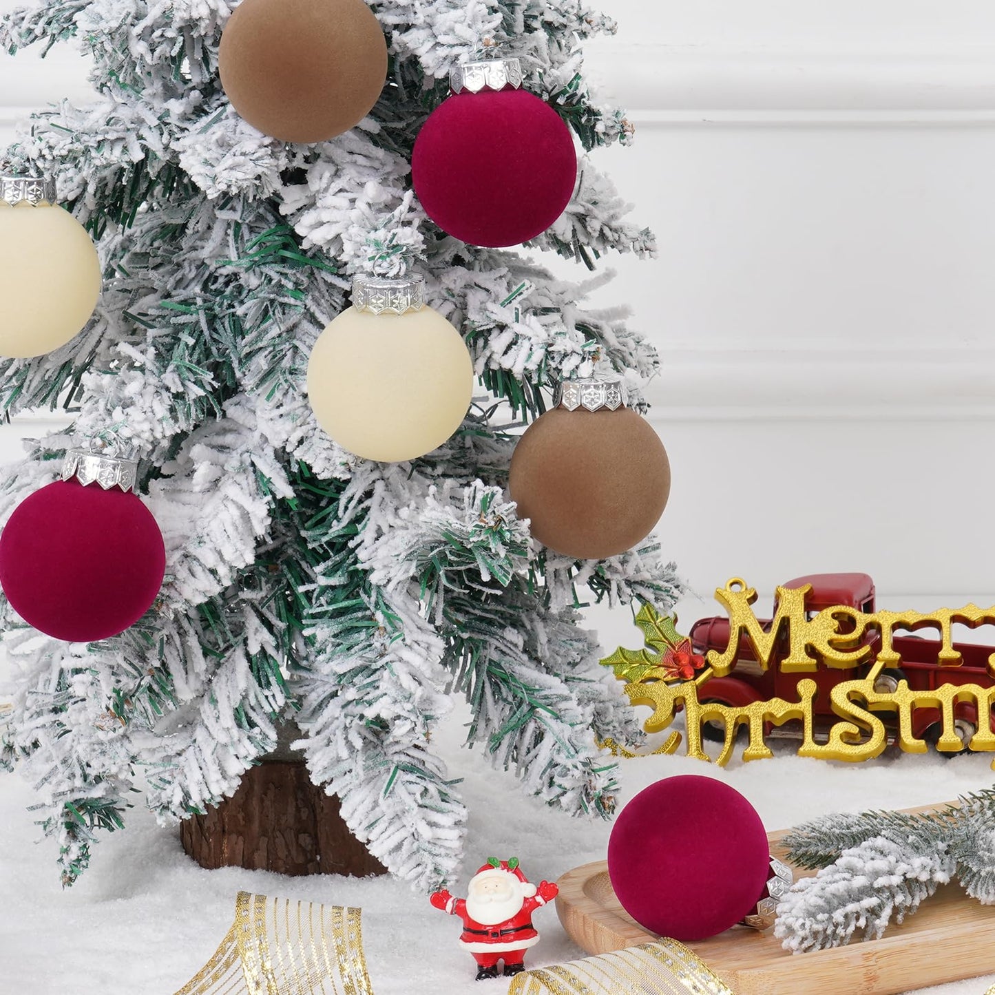 15 Pcs(3.9 In/100 mm) Velvet Christmas Ornaments Balls Set, Brown Red Neutral Christmas Tree Ornaments, Flocked Xmas Tree Balls for Xmas Holiday Party Decorations