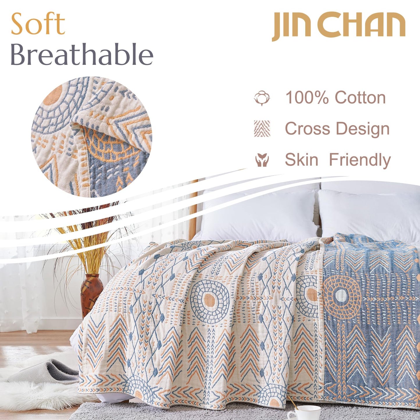 jinchan Boho 100% Cotton Muslin 50x60 Throw Blanket Lightweight 4-Layer Orange Multi Reversible Blanket Washable Breathable Decorative Geometric Striped Pattern Soft Comfy for Couch Bed All Seasons