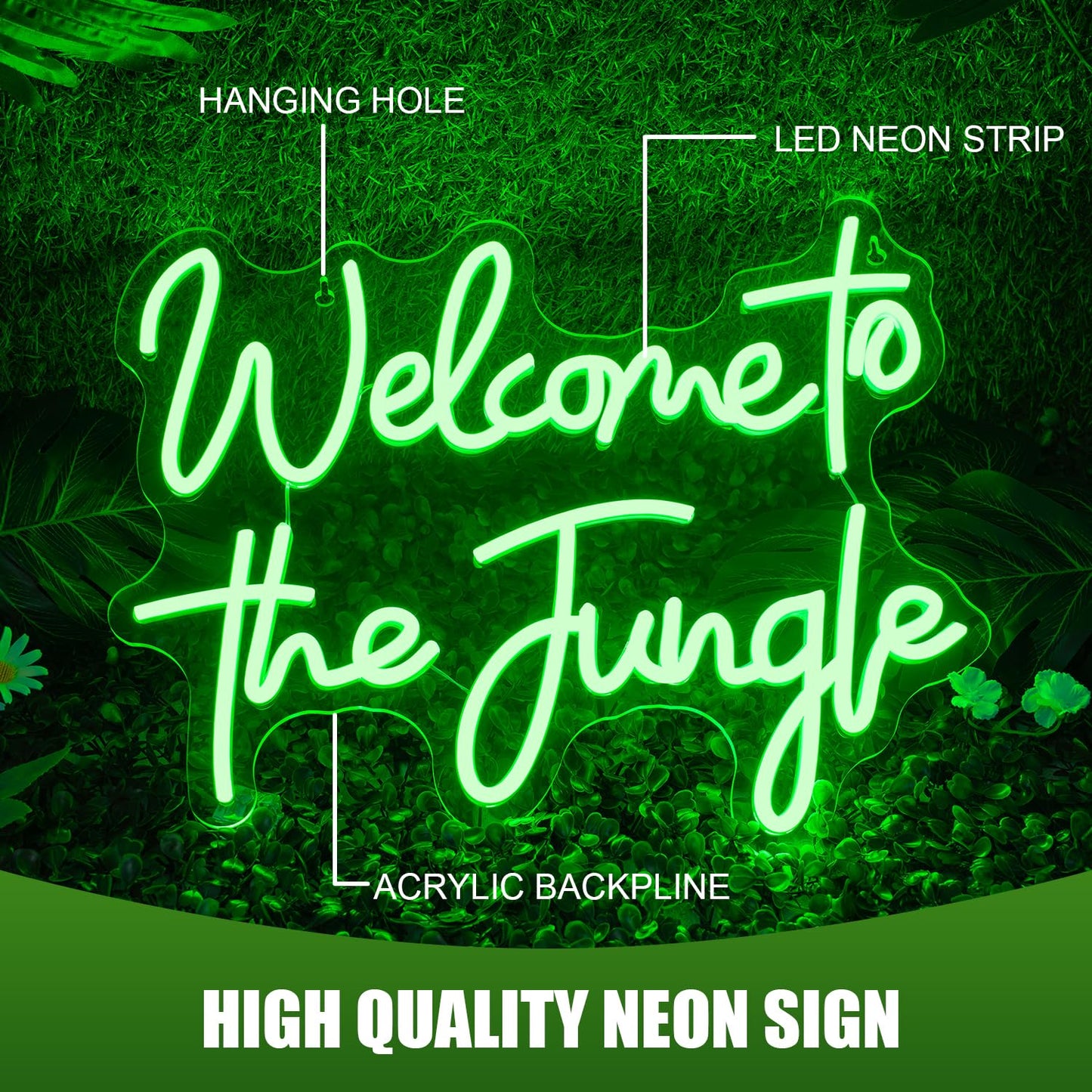 ineonlife Welcome to the Jungle Neon Sign Green Letter LED Neon Lights for Bedroom Wall Love Oh Baby for Room Decor Bar Party Wedding Engagement Wall Hanging Decor USB Powered Green USB Powerd 15.3x12.6in