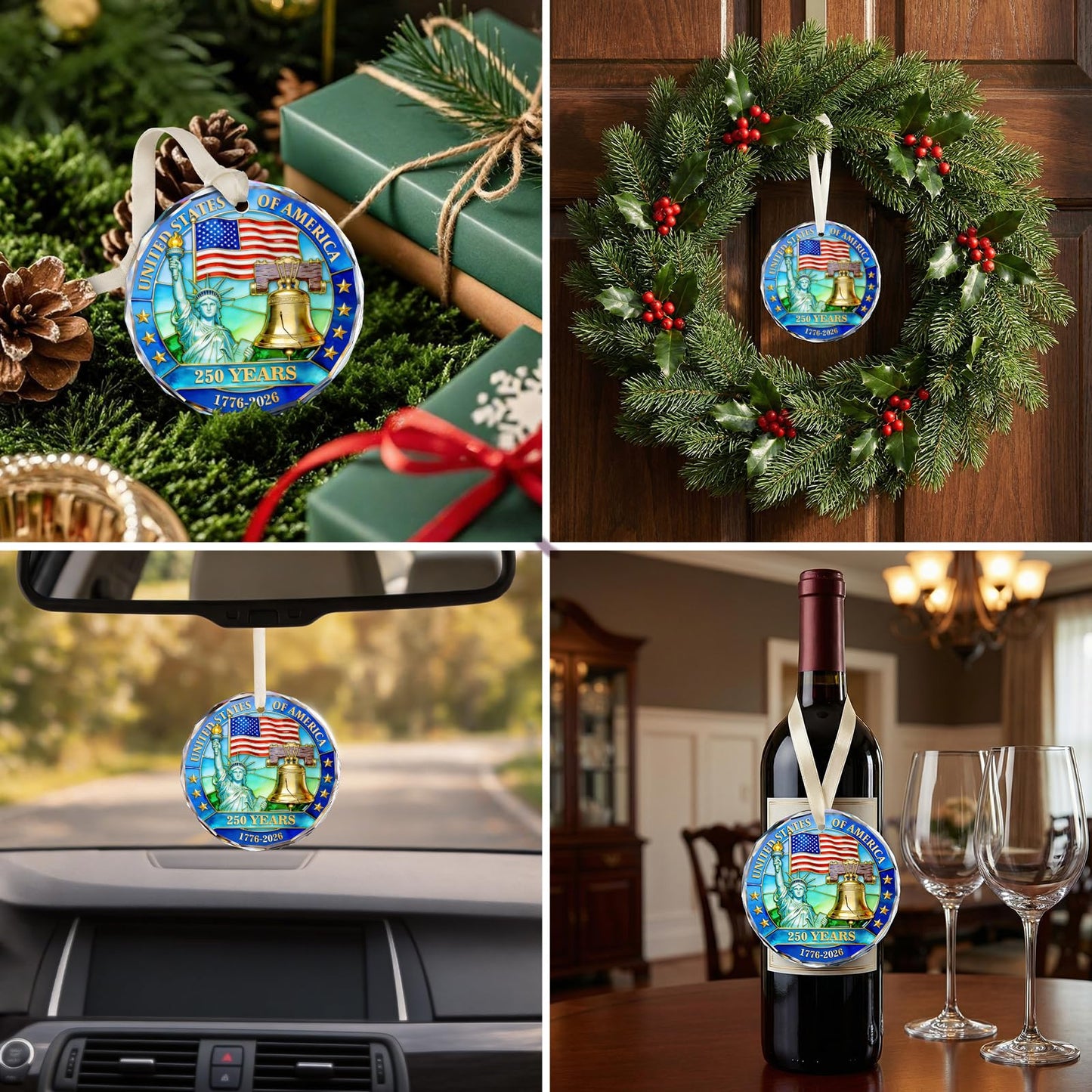 250 Anniversary USA Ornament for 4th of July Decorations, Crystal Glass 1776-2026 Liberty Bell Memorial Day Decorations, USA 250th Anniversary Merchandise Fourth of July Gifts for Men Women