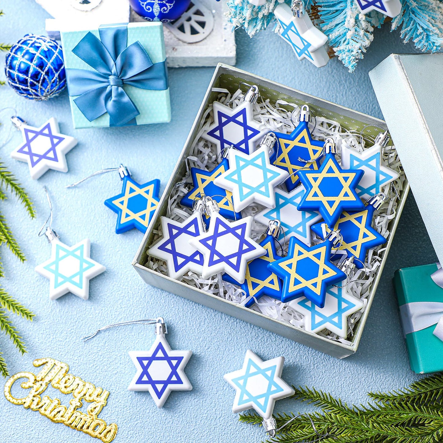 Chunful 24 Pcs Hanukkah Ornaments for Tree Star Hanging Ornaments Shatterproof Star of David Tree Decorations Chanukah Balls Blue and White Jewish Christmas Decorations for Xmas Party Supplies