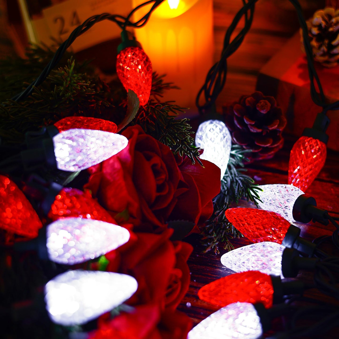 HAYATA Christmas Red White 50 LED Strawberry String Light - Fairy Xmas Decor Lighting for Outdoor, Indoor, Patio, Party, Home, Wreath, Garland, Christmas Tree Decoration. (C9-Red White)