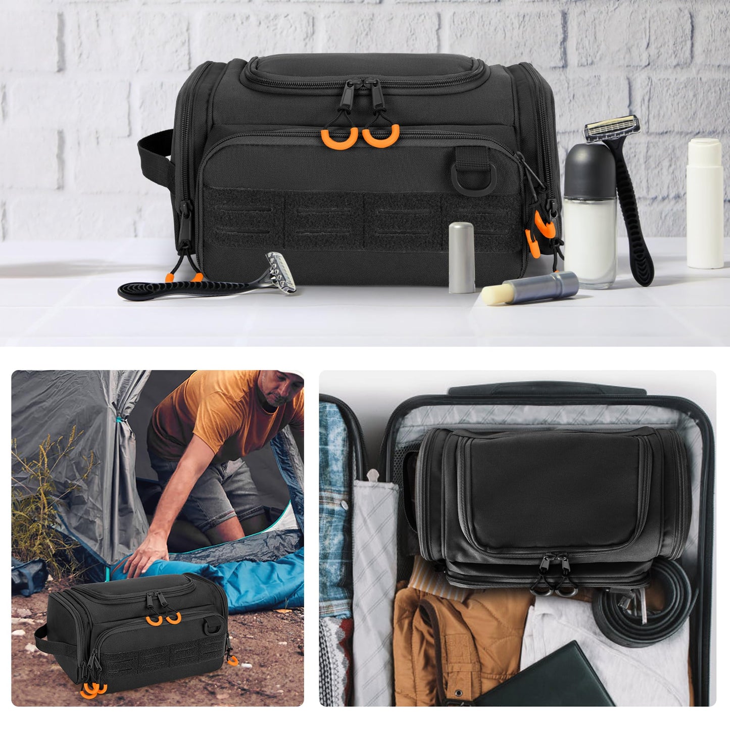 Prokva Tactical Toiletry Bag for Men, Hanging Hygiene Bag, Travel Dopp Kit Organizer for Shaving, Shower Essentials and Toiletries, Black (Empty Bag)