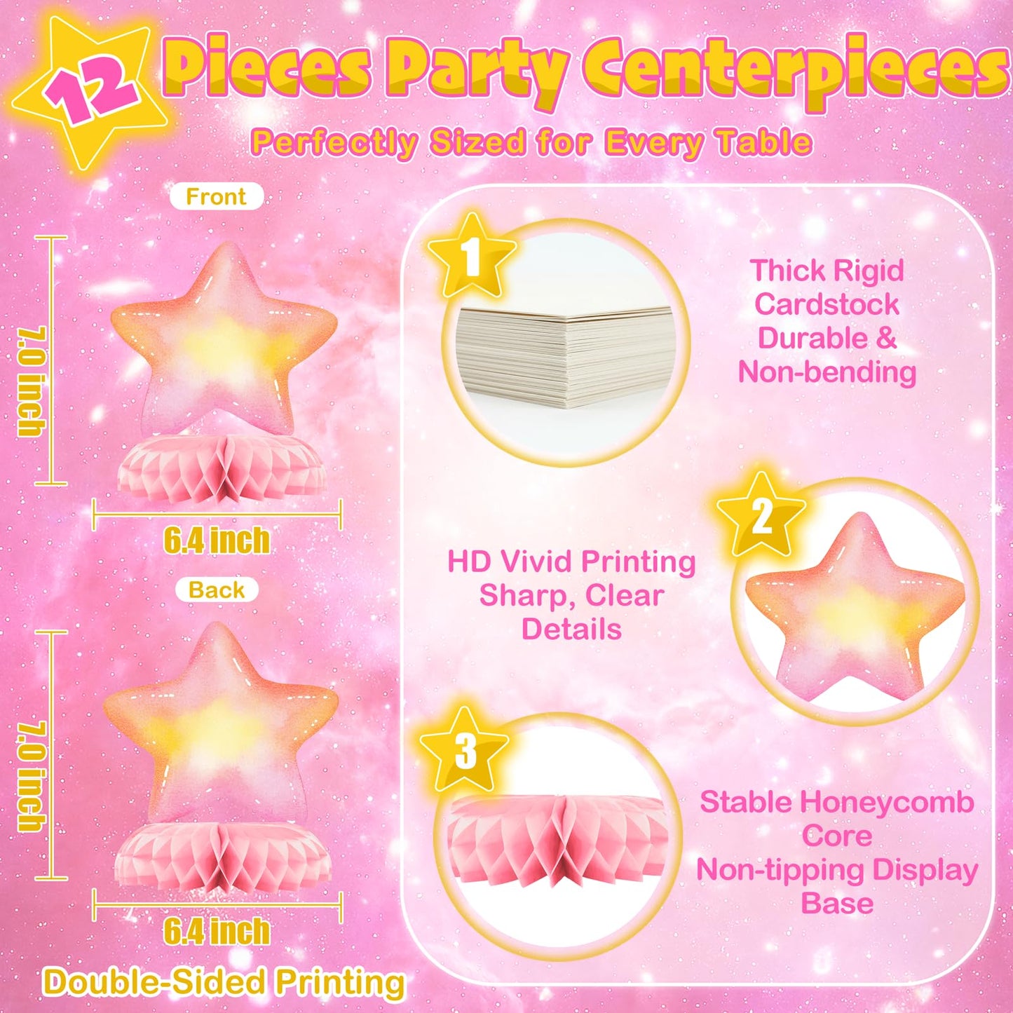 12 Pcs Pink Space Baby Shower Decorations for Girl - Outer Space Girl Party Supplies - Pink Astronaut Rocket Moon Star Centerpieces for Tables - Galaxy Honeycomb Table Decor for Baby Shower