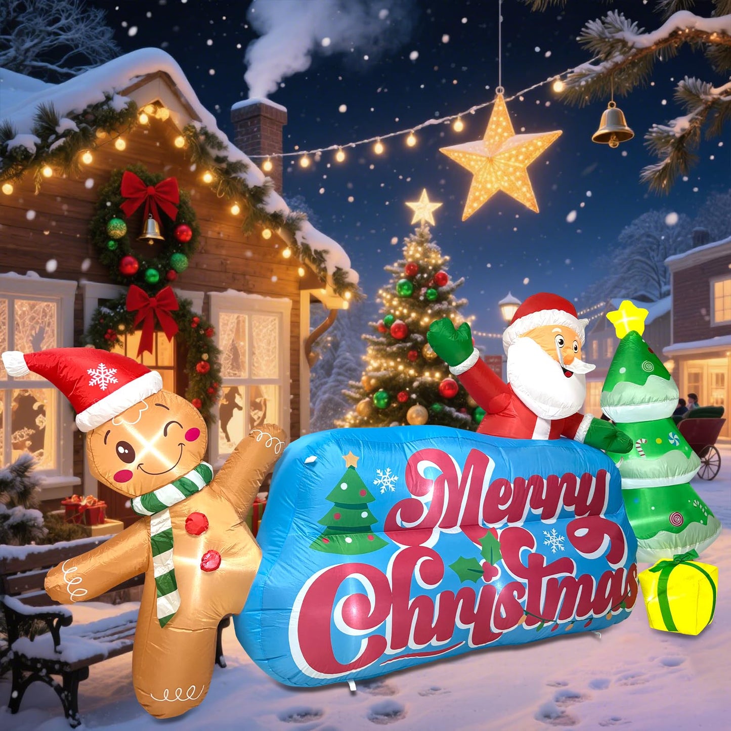 OILCUP 9.2 FT Inflatables Merry Christmas Banner with Santa, Gingerbread Man & Christmas Tree, Blow Ups Outdoor Inflatables Sign with Build-in LEDs for Lawn Yard Winter Holiday Xmas Party Decor