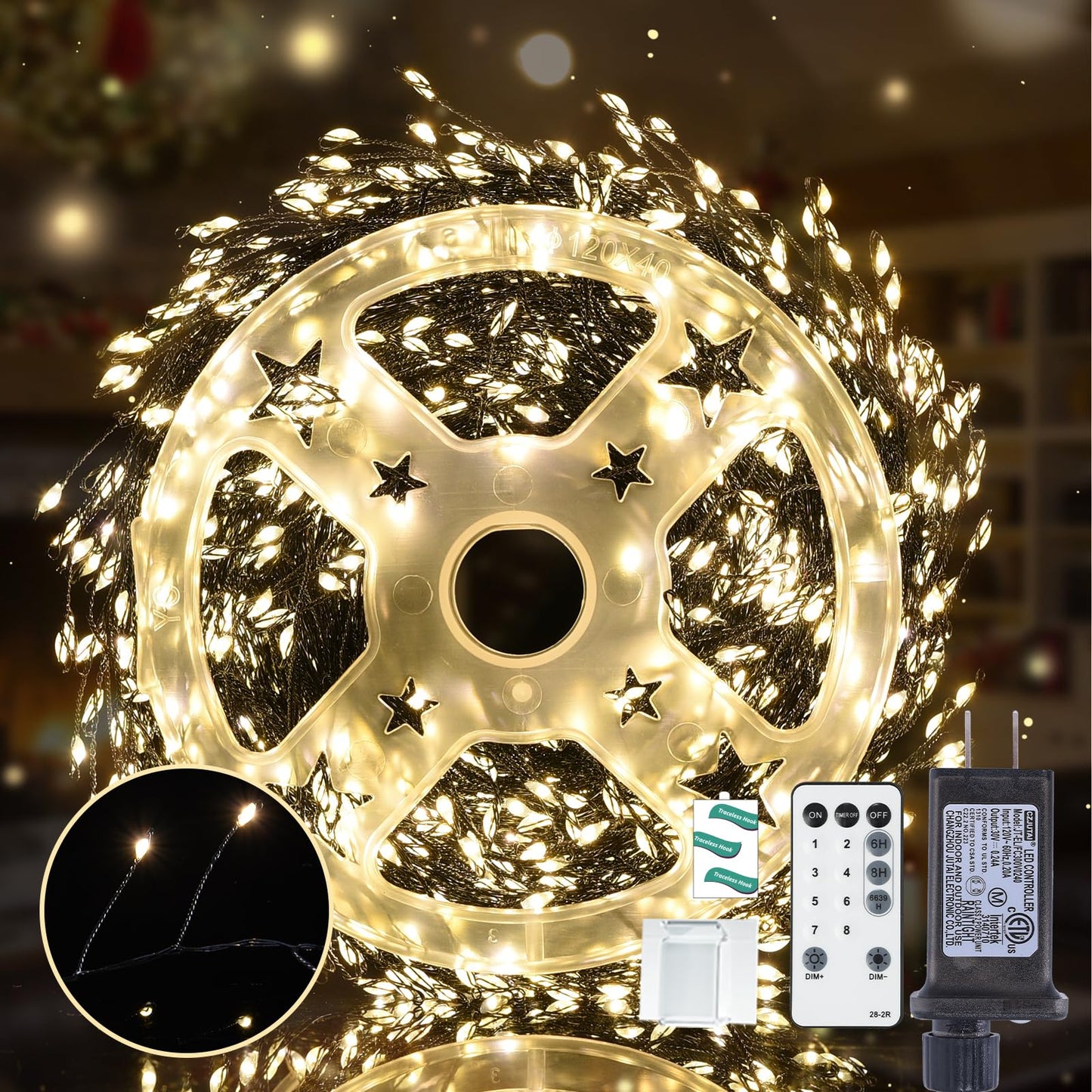 Lycklig Fairy Lights Plug in 65Ft 1000LED Warm Christmas Wreath Twinkle Lights with Timer Remote Waterproof Firecracker Firefly Cluster String Light for Bedroom Graland Party Tree Decor Black Wire
