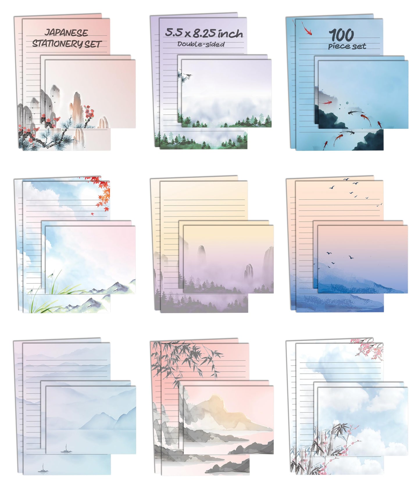 Better Office Products Mini Stationery Set of 100, Japanese Stationery Paper (50 Lined Sheets + 50 Matching Envelopes), 5.5 x 8.25 inch, 9 Designs, Double Sided Printing, One Side Lined Paper,