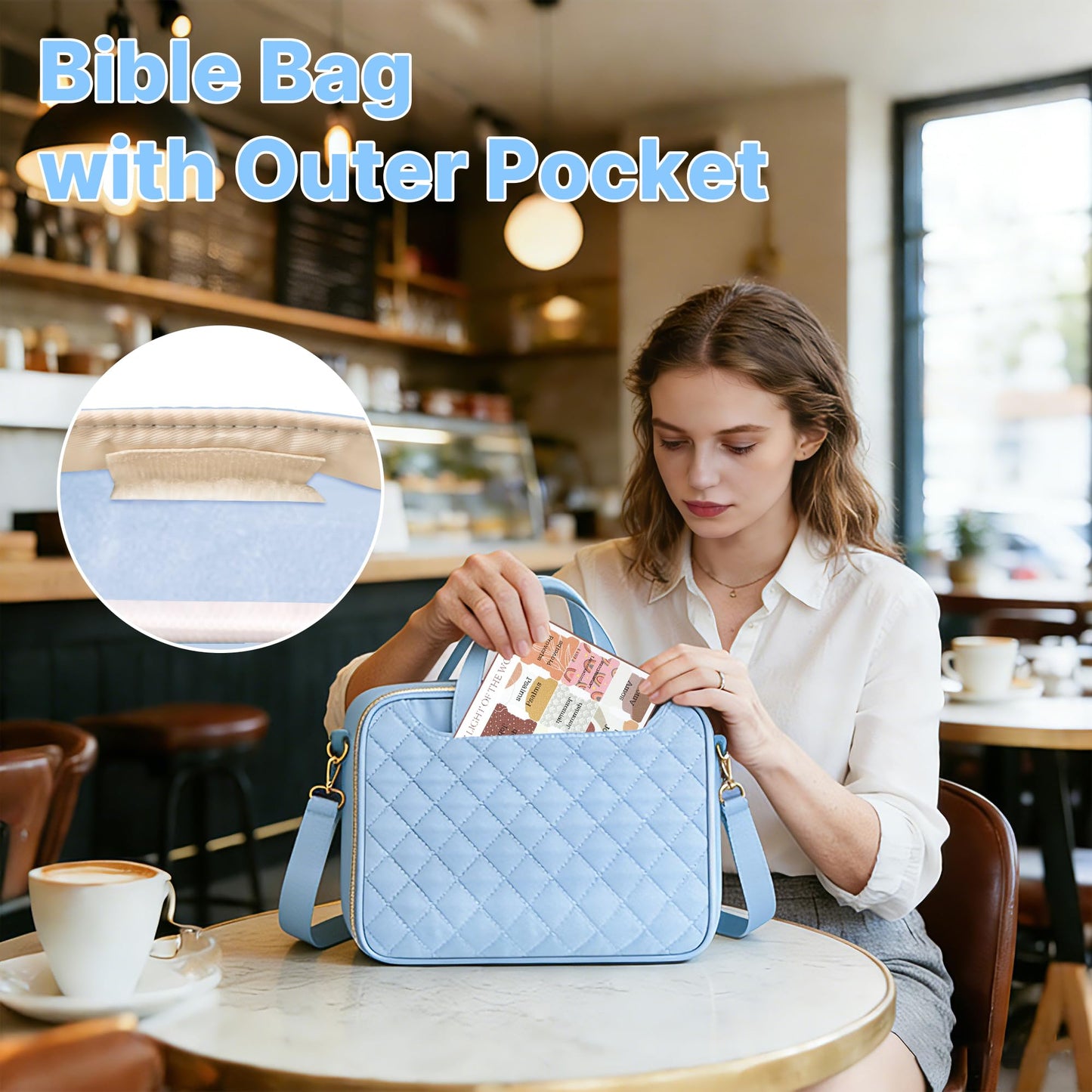 PUGPIU Bible Cover Case for Women, Large Quilted Bible Bag with Shoulder Strap and Handle, Bible Study Supplies Journaling Kit with Highlighters Pens No Bleed Tabs Notebook Cross Clips (Light Blue)