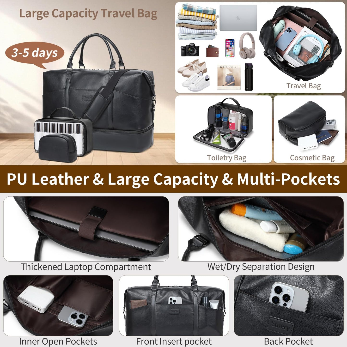 Faux Leather Weekender Bags for Women: Large Overnight Bags Travel Duffel Bag Carry On Shoulder Weekend Tote with Shoe & Laptop Compartment & Toiletry Bags for Airplane Traveling Gym