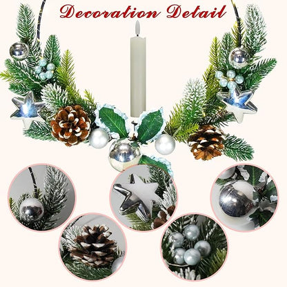 2Pack Christmas Wreaths for Front Door with Lights & Flickering LED Taper Candles & Remote, 16'' Windows Wreaths, Fireplace Christmas Decorations - Silver