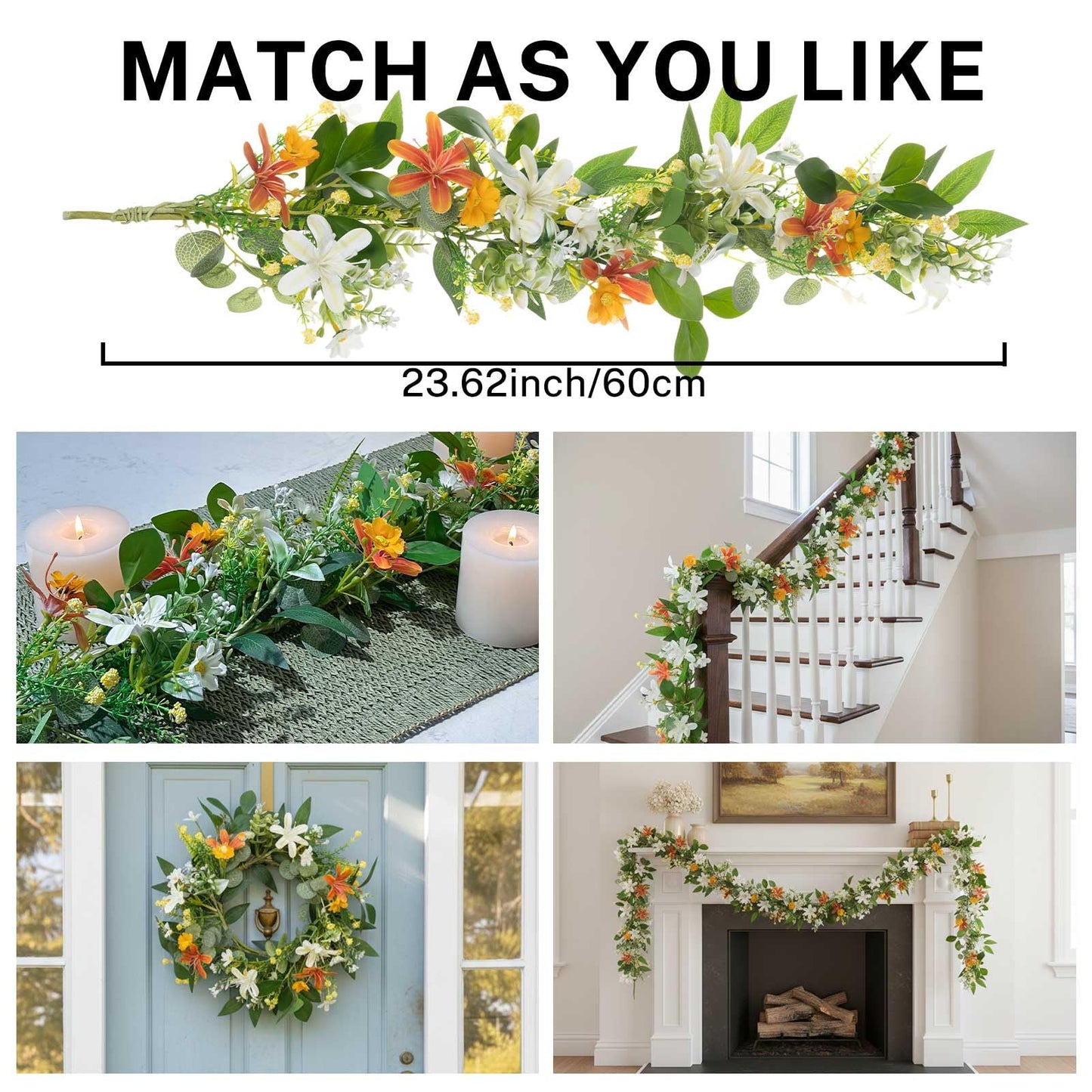 MOYEE Summer Centerpieces for Tables Wreath with Candle Holder,Candle Ring, Black Metal Candlestick with an Artificial Wreaths 14 in Versatile Dining Table Centrepiece (an Orange and White Wreath)
