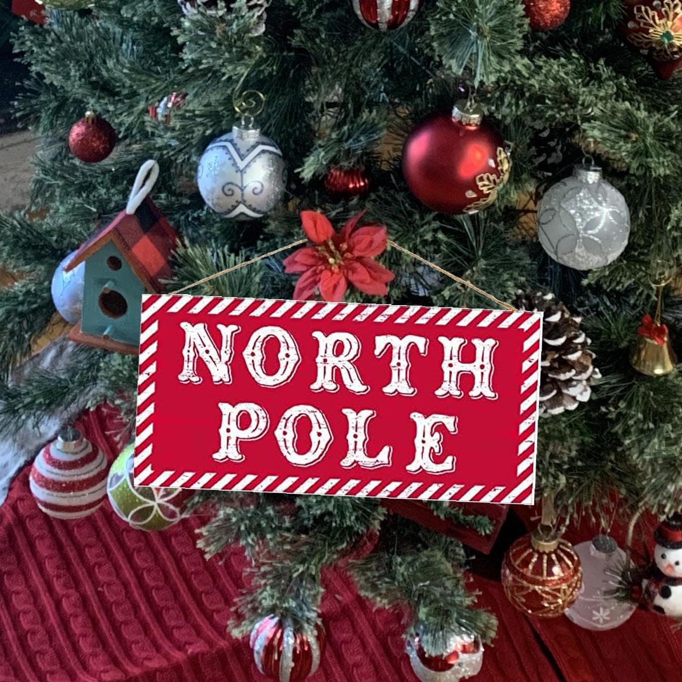 Striped North Pole Christmas Sign - 12.5" x 6", Red, White, Candy Cane Stripes, Wreath, Front Door Decoration, Kitchen, Patio, Yard, Office, Daycare, Christmas Tree Lot