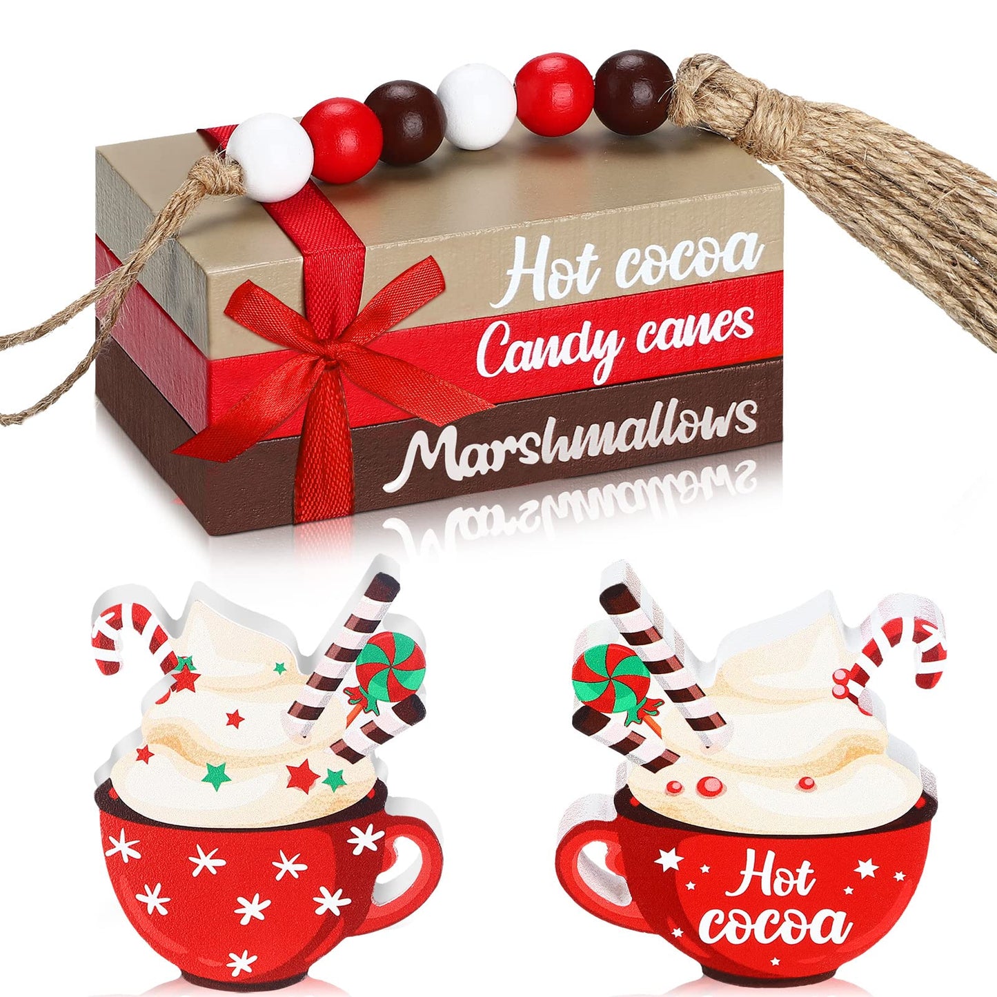 Bucherry 5 Pieces Christmas Farmhouse Tiered Tray Decor Winter Hot Cocoa Wood Decorative Stack Book Decor with Bead Garland for Home(Coffee)