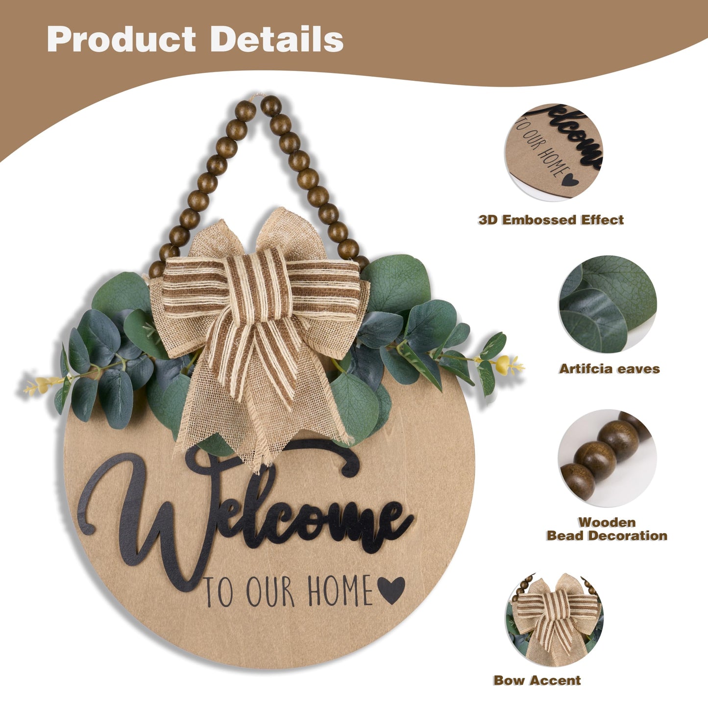 Condorpasea 3D Welcome Sign for Front Door | Home/Farmhouse Porch Décor Wooden Hanging Sign with Artificial Leaves and Rustic Beads | Christmas Classroom |12" Round