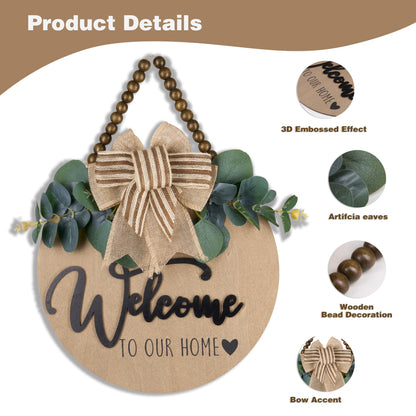 Condorpasea 3D Welcome Sign for Front Door | Home/Farmhouse Porch Décor Wooden Hanging Sign with Artificial Leaves and Rustic Beads | Christmas Classroom |12" Round