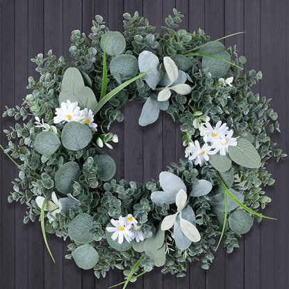 Door Wreath Green Eucalyptus for Front Door Wreaths Spring Summer Wreath Artificial Leaves Wreaths for All Season Home Farmhouse Porch Year Round Outdoor Wall Decorating,20 Inch
