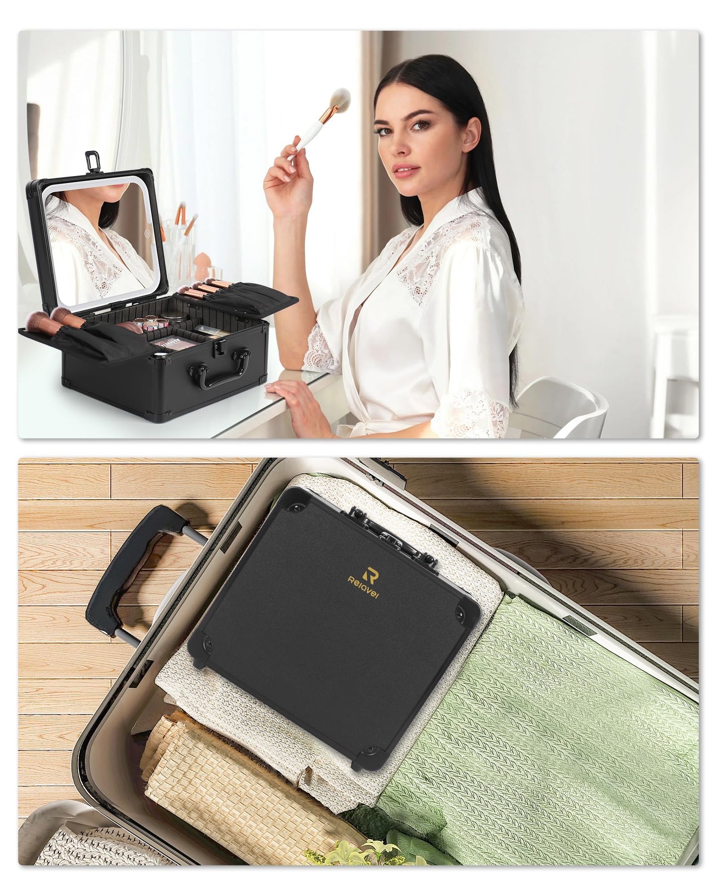 Relavel Makeup Bag with LED Mirror, Makeup Box Travel Train Case with Rechargeable Lighted Mirror & Adjustable Dividers, Cosmetic Brush Organizer Storage for Makeup Artists Gifts for Women and Girls