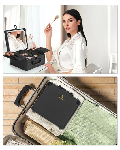 Relavel Makeup Bag with LED Mirror, Makeup Box Travel Train Case with Rechargeable Lighted Mirror & Adjustable Dividers, Cosmetic Brush Organizer Storage for Makeup Artists Gifts for Women and Girls