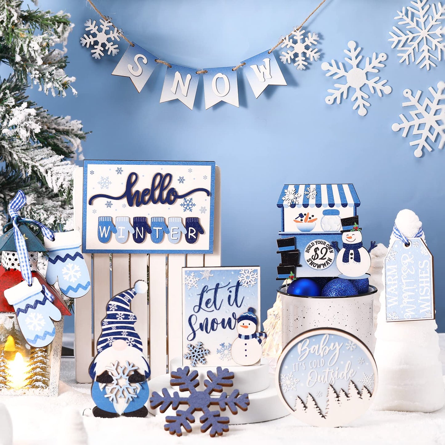 Kajaia 15 Pcs Winter Tiered Tray Decor Christmas Tiered Tray Decorations Set Snowman Snowflake Gingerbread Man Hot Cocoa Wooden Signs Farmhouse Winter Table Decorations(Snowflake)