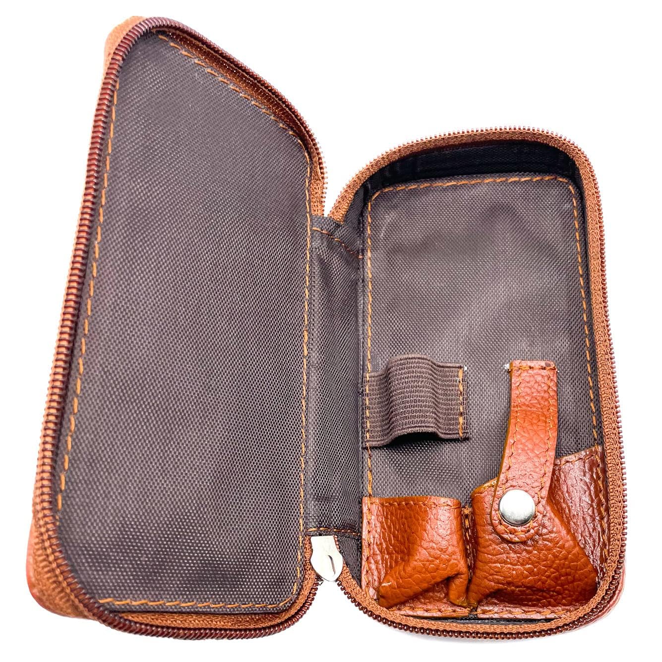 Parker Saddle‑Brown Leather Double Edge Safety Razor Case with Blade Compartment – Zip Travel Pouch