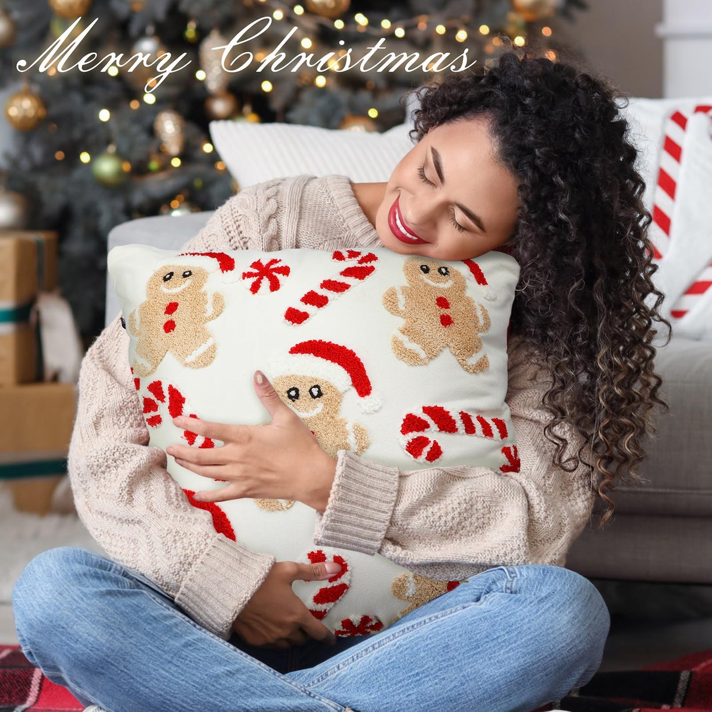 Breling 2 Pack Christmas Pillow Covers 18 x 18 Inch 3D Embroidered Gingerbread Man Throw Pillow Cover Christmas Gingerbread House Tufted Cushion Case Decorative Holiday Decor for Home Couch Bed Sofa