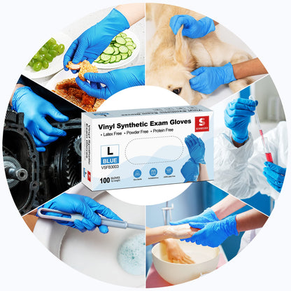 Schneider Blue Vinyl Synthetic Exam Gloves, Medium, Box of 100, 4 Mil, Powder-Free, Latex-Free, Non-Sterile, Disposable Gloves