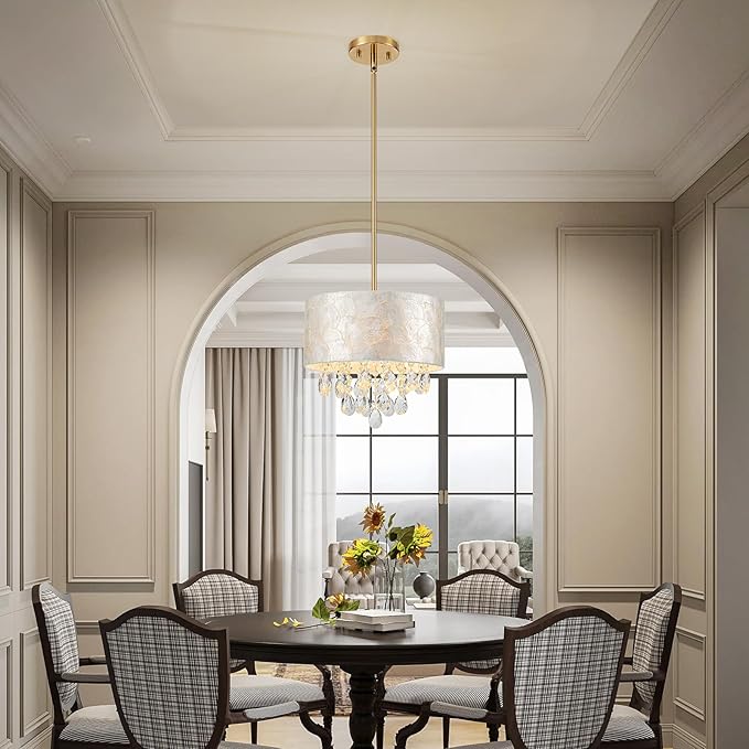 3-Lights Drum Capiz Shell Crystal Chandelier, Coastal Style Pendant Light Fixture for Dining Room, Living Room, D12 x H19~49"(Adjustable), Shell Lampshade & Gold Finish