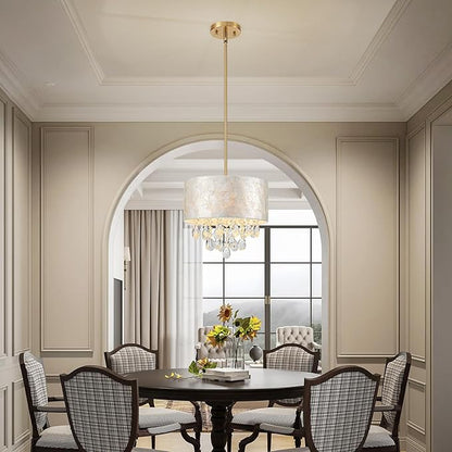 3-Lights Drum Capiz Shell Crystal Chandelier, Coastal Style Pendant Light Fixture for Dining Room, Living Room, D12 x H19~49"(Adjustable), Shell Lampshade & Gold Finish