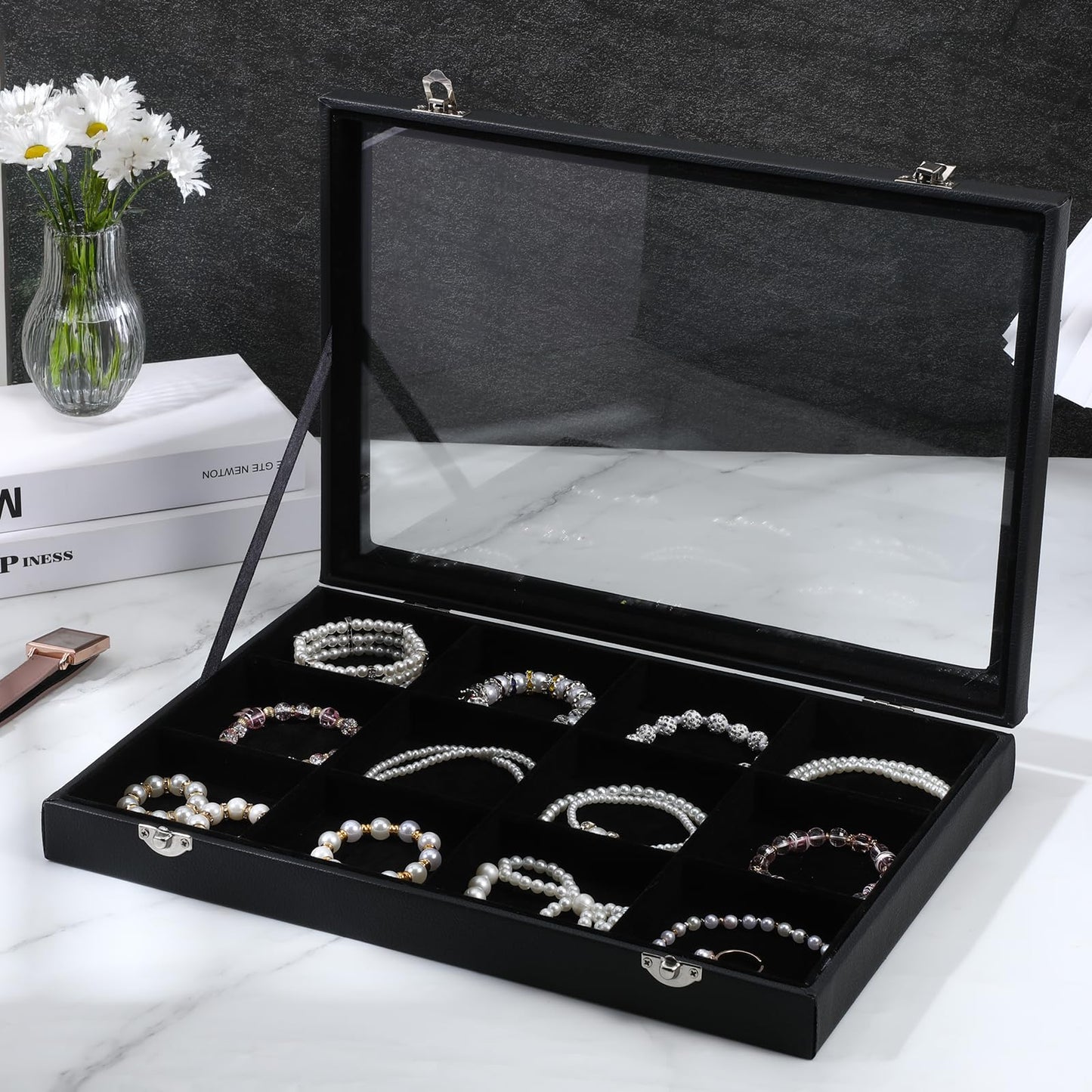 12 Grid Stackable Bracelet Holder Organizer Box for Drawer Tray, Velvet Jewelry Organizer Box Bracelet Display Jewelry Trays with Transparent Glass Lid Bangle Necklace Ring Holder Case for Selling