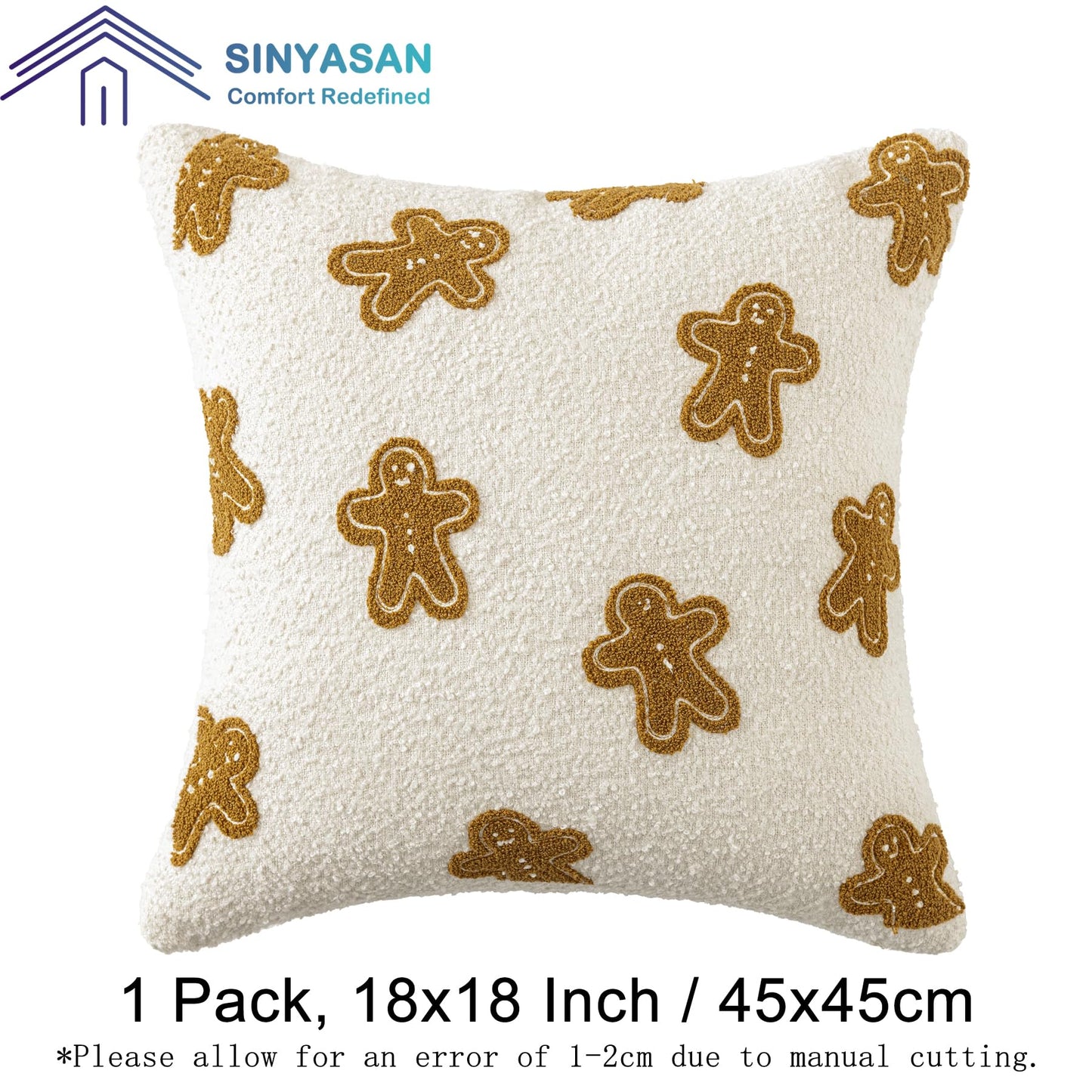 SINYASAN Christmas Pillow Cover 18x18 Inch 1 Pack White Boucle Gingerbread Shaped Cushion Cover, Fluffy Textured Decorative Throw Pillow Case for Couch Sofa Bed Living Room Porch Winter Home Décor